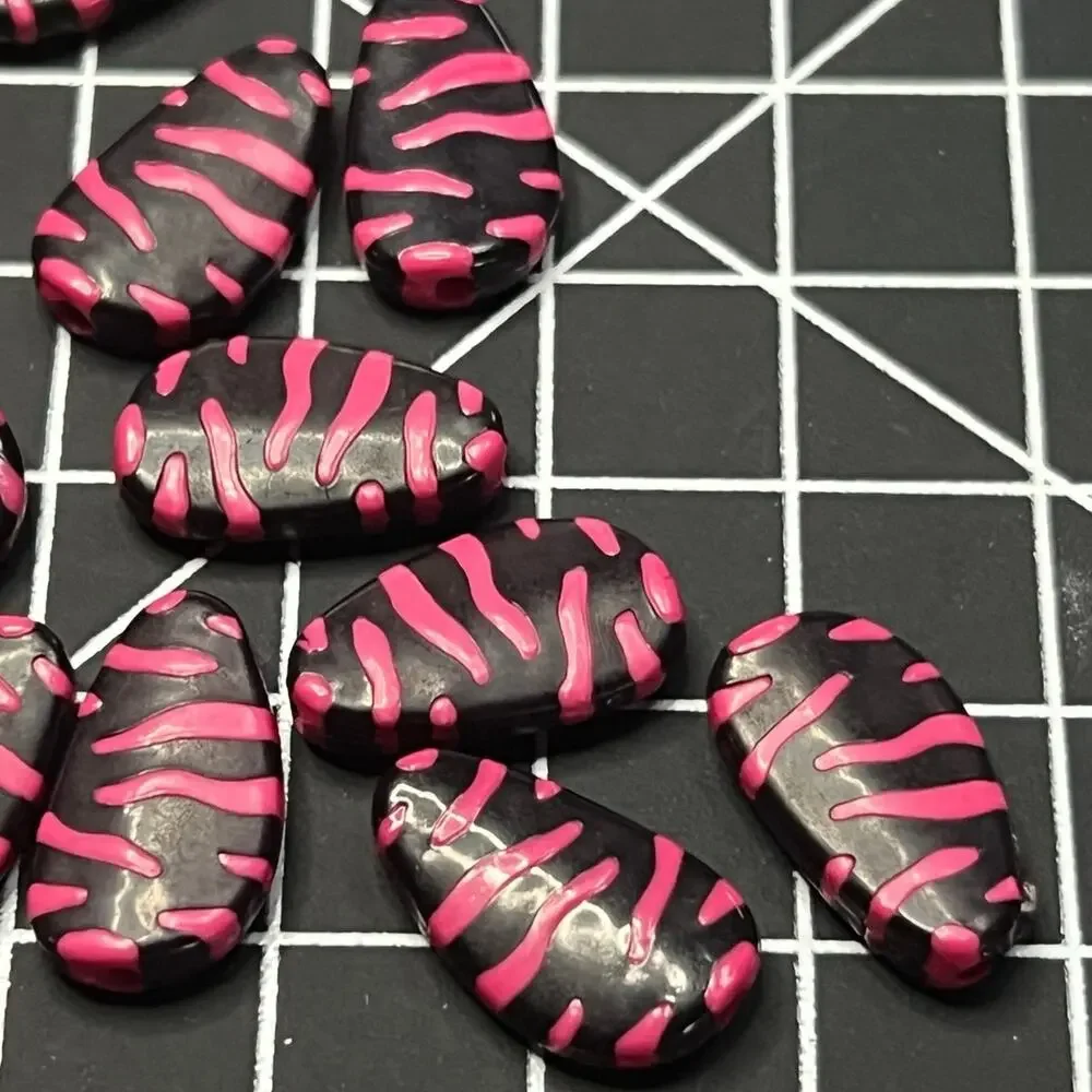 Lot of 18 Flat Oval Black & Pink Zebra Print Beads for Jewelry Making